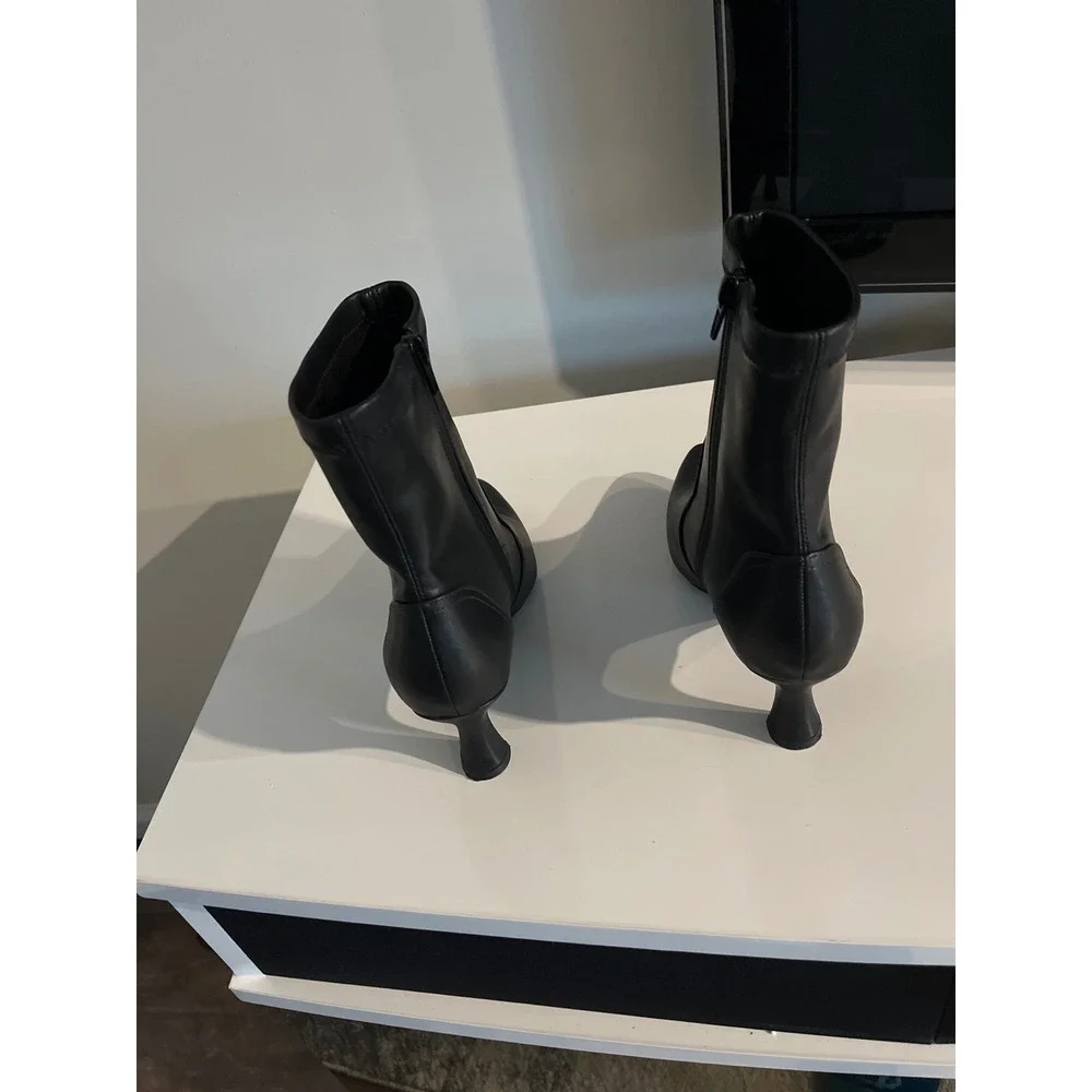 Black Pointed Toe Kitten Heel Ankle Boots Faux Leather Sock Booties Zip Up